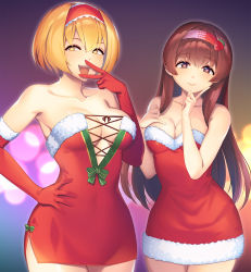 Rule 34 | 2girls, :d, alice margatroid, blonde hair, blurry, blurry background, bob cut, breasts, brown eyes, brown hair, cleavage, commentary, cookie (touhou), covered navel, dress, elbow gloves, food-themed hair ornament, frilled hairband, frills, gloves, hair ornament, hairband, hand on own hip, heart, heart-shaped pupils, highres, hinase (cookie), ichigo (cookie), large breasts, long hair, looking at viewer, medium breasts, multiple girls, open mouth, santa costume, sexually suggestive, short hair, smile, strapless, strapless dress, strawberry hair ornament, symbol-shaped pupils, tarmo, touhou, yellow eyes