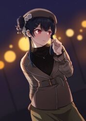 Rule 34 | 1girl, arm behind back, beret, black hair, black shirt, blue hair, blurry, blurry background, blush, brown coat, brown hat, brown skirt, closed mouth, coat, commentary, cowboy shot, dutch angle, frown, hair ornament, hairclip, hat, highres, idolmaster, idolmaster shiny colors, jewelry, kamille (vcx68), long sleeves, looking away, looking to the side, morino rinze, necklace, night, outdoors, shirt, short hair, sidelocks, skirt, solo, standing