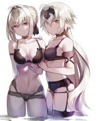 Rule 34 | 2girls, ahoge, alternate breast size, arms behind back, black bra, bra, breasts, choker, closed mouth, cowboy shot, fate/grand order, fate (series), from side, garter belt, gendo0032, hair intakes, headpiece, jeanne d&#039;arc (fate), jeanne d&#039;arc alter (avenger) (fate), jeanne d&#039;arc alter (fate), long hair, medium breasts, multiple girls, navel, nero claudius (fate), nero claudius (fate) (all), nero claudius (fate/extra), no panties, purple bra, purple legwear, short hair, silver hair, single thighhigh, smile, thighhighs, underwear, underwear only, unfinished, v-shaped eyebrows, very long hair, wading