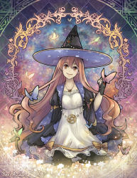 Rule 34 | 1girl, atelier (series), atelier escha &amp; logy, brown eyes, brown hair, bug, butterfly, dress, hat, insect, jewelry, kari avalon, long hair, looking at viewer, necklace, pentagram, smile, solo, wilbell voll-ersleid, witch hat