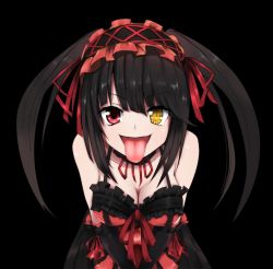 Rule 34 | 10s, 1girl, bare shoulders, black background, black hair, breasts, cleavage, clock eyes, date a live, dress, female focus, goth fashion, hairband, heterochromia, highres, lolita fashion, lolita hairband, long hair, looking at viewer, red eyes, red ribbon, ribbon, solo, standing, symbol-shaped pupils, tokisaki kurumi, tongue, tongue out, twintails, yellow eyes