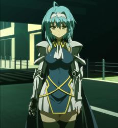 Rule 34 | 10s, 1girl, armor, blue hair, breasts, highres, nonaka yuki, screencap, serious, shinmai maou no testament, solo, standing, stitched, third-party edit, yellow eyes