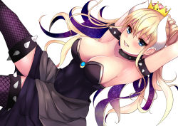 Rule 34 | 1girl, blonde hair, blue eyes, blush, bowsette, bracelet, breasts, cleavage, collar, dress, earrings, fishnet thighhighs, fishnets, highres, horns, jewelry, large breasts, leotard, mario (series), new super mario bros. u deluxe, nintendo, ponytail, solo, spiked bracelet, spiked collar, spikes, super crown, thick eyebrows, thighhighs, tight clothes, tight dress, turtle shell