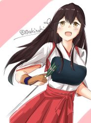 Rule 34 | 1girl, akagi (kancolle), archery, archery shooting glove, arrow (projectile), artist name, breasts, brown eyes, brown hair, cowboy shot, gloves, hair between eyes, hakama, hakama skirt, japanese clothes, kantai collection, kyuudou, long hair, long sleeves, makinoki, medium breasts, muneate, one-hour drawing challenge, open mouth, partially fingerless gloves, partly fingerless gloves, red background, red hakama, single glove, skirt, solo, twitter username, white background, wide sleeves, yugake