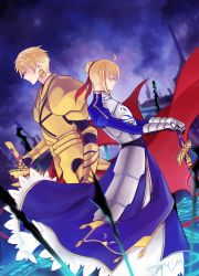 Rule 34 | 1boy, 1girl, ahoge, armor, armored dress, artoria pendragon (all), artoria pendragon (fate), aruk (scuderiaf), bad id, bad pixiv id, blonde hair, caliburn (fate), ea (fate/stay night), earrings, fate/stay night, fate (series), gilgamesh (fate), hand on hilt, hands on hilt, jewelry, planted, planted sword, planted weapon, saber (fate), sword, weapon