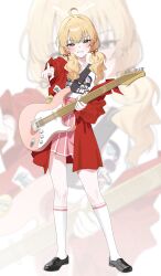 1girl :d absurdres ahoge black_shoes blonde_hair blue_archive blush brown_eyes commentary eliteneet full_body grin guitar hair_ribbon halo hand_up happy highres holding holding_guitar holding_instrument index_finger_raised instrument jacket kneehighs loafers long_hair looking_at_viewer low_twintails official_alternate_costume official_alternate_hairstyle open_clothes open_jacket open_mouth pink_pupils pink_skirt pleated_skirt pointing pointing_at_viewer red_jacket red_ribbon ribbon shirt shoes simple_background skirt smile socks solo standing t-shirt tsurime twintails white_background white_shirt white_socks yellow_halo yoshimi_(band)_(blue_archive) yoshimi_(blue_archive) zoom_layer