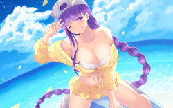 Rule 34 | 10s, 1girl, backwards hat, bare shoulders, baseball cap, bb (fate), bb (fate) (all), bb (swimsuit mooncancer) (fate), bb (swimsuit mooncancer) (first ascension) (fate), bikini, bikini top only, blue sky, blush, braid, breasts, cait aron, cleavage, closed mouth, cloud, collarbone, day, fate/extra, fate/extra ccc, fate/grand order, fate (series), hand gesture, hand up, hat, hat ornament, highres, horizon, jacket, large breasts, licking lips, long braid, long hair, looking at viewer, navel, ocean, off shoulder, one eye closed, shirt, sideways hat, single braid, sitting, skirt, sky, smile, solo, star (symbol), star hat ornament, swimsuit, thighs, tongue, tongue out, v, very long hair, wariza, white bikini, white footwear, yellow jacket, yellow skirt