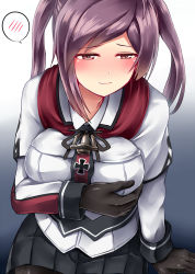 Rule 34 | 1girl, alternate costume, alternate hairstyle, anchor, arm at side, arm support, black gloves, black pantyhose, black skirt, blush, breast hold, breasts, capelet, closed mouth, cosplay, cowboy shot, cross, embarrassed, eyebrows, from above, gloves, gradient background, graf zeppelin (kancolle), graf zeppelin (kancolle) (cosplay), hagikaze (kancolle), half-closed eyes, hand on breast, hat, hayami saori, highres, iron cross, kamelie, kantai collection, large breasts, long hair, long sleeves, miniskirt, pantyhose, peaked cap, pleated skirt, purple hair, sitting, skirt, solo, spoken blush, twintails, two-tone background, voice actor connection