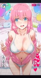 Rule 34 | 1girl, @ @, bare shoulders, bikini, blue eyes, blush, bocchi the rock!, breasts, chat log, cleavage, collarbone, cube hair ornament, double v, gotoh hitori, hair between eyes, hair ornament, hews, highres, jacket, large breasts, long hair, mole, mole under eye, off shoulder, one side up, open mouth, pink hair, pink jacket, smile, solo, spot color, swimsuit, thighs, track jacket, v, white bikini