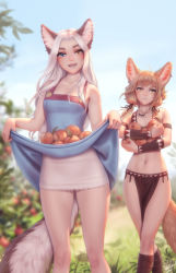 Rule 34 | 2girls, :d, animal ear fluff, animal ears, ankle wrap, armband, artist name, bare arms, bare shoulders, blonde hair, blue eyes, blue sky, blurry, blurry background, breasts, clothes lift, commentary, day, dress, dress lift, ear piercing, earrings, english commentary, fangs, food, fox ears, fox tail, freckles, frown, fruit, grass, heterochromia, highres, jewelry, khiara (personal ami), lifted by self, long hair, looking at viewer, looking away, losse (personal ami), low twintails, medium breasts, medium hair, multiple girls, navel, necklace, open mouth, original, outdoors, peach, pelvic curtain, personal ami, piercing, skirt basket, sky, sleeveless, sleeveless dress, smile, symbol-only commentary, tail, thick eyebrows, thigh gap, thighs, tooth necklace, twintails, uncensored, white hair, yellow eyes