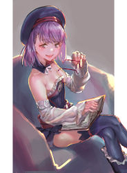 Rule 34 | 1girl, absurdres, asymmetrical bangs, bare shoulders, beret, book, breasts, chair, detached sleeves, unworn eyewear, fate/grand order, fate (series), frilled sleeves, frills, glasses, hair between eyes, hat, helena blavatsky (fate), highres, holding, holding removed eyewear, looking at viewer, open book, open mouth, rolua, short hair, sitting, small breasts, smile, solo, teeth, thighhighs