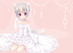 Rule 34 | 1girl, animal ears, bare shoulders, brown eyes, choker, collarbone, dress, elbow gloves, flower, flower on head, fox ears, fox tail, frills, gloves, hair ornament, looking at viewer, original, silver hair, sitting, smile, solo, sumii, tail, wedding dress, white dress, white gloves