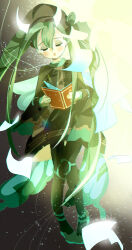 Rule 34 | 1girl, :o, black dress, black pantyhose, blue footwear, book, brown necktie, closed eyes, commentary request, creatures (company), dress, facing viewer, full body, game freak, green hair, hair between eyes, haruri, hatsune miku, highres, holding, holding book, long sleeves, necktie, nintendo, open book, pantyhose, parted lips, phone wallpaper, pokemon, project voltage, shoes, solo, tears, twintails, vocaloid, wallpaper