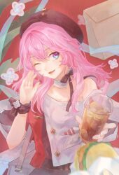 Rule 34 | 1girl, bag, belt, beret, black bow, black hat, black shirt, bow, burger, collar, commentary, cropped jacket, cup, detached collar, disposable cup, drink, drinking straw, earrings, flower ornament, food, hat, high belt, highres, holding, holding drink, honkai: star rail, honkai (series), jacket, jewelry, march 7th (honkai: star rail), march 7th (kfc) (honkai: star rail), miko mo, motion blur, multicolored clothes, multicolored jacket, off-shoulder jacket, off-shoulder shirt, off shoulder, official alternate costume, one eye closed, open mouth, red jacket, shirt, short sleeves, shoulder bag, single earring, smile, solo, symbol-only commentary, upper body, white bow, white collar, white jacket, wrist bow