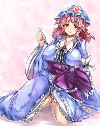 Rule 34 | 1girl, black ribbon, blue hat, blue kimono, breasts, commentary request, full body, hat, head tilt, highres, japanese clothes, kimono, large breasts, long sleeves, looking at viewer, medium hair, mimikaki, ototobe, pink background, pink hair, red eyes, ribbon, saigyouji yuyuko, sash, sitting, solo, touhou, triangular headpiece, wide sleeves