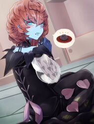 Rule 34 | 1girl, absurdres, blue hair, blue skin, blue tongue, blush, braid, brown hair, cake, colored skin, colored tongue, crown braid, fate/grand order, fate (series), food, food on face, heart, heart print, highres, looking at viewer, open mouth, see-through, see-through sleeves, shimogamo (shimomo 12), side braid, sitting, solo, van gogh (fate), van gogh (second ascension) (fate)