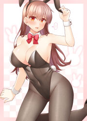 Rule 34 | 1girl, animal ears, black leotard, black pantyhose, blush, breasts, brown eyes, brown hair, cleavage, collarbone, detached collar, fake animal ears, fake tail, hair between eyes, kantai collection, large breasts, leotard, long hair, ooi (kancolle), open mouth, pantyhose, rabbit ears, rabbit tail, rui shi (rayze ray), solo, spoken blush, strapless, strapless leotard, tail, wrist cuffs