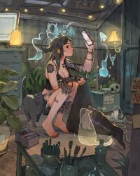 Rule 34 | 1girl, arm tattoo, arm up, bandaid, bandaid on leg, barefoot, bird, black cat, black eyes, black hair, black nails, bottle, box, bracelet, breast tattoo, breasts, cat, charging device, cleavage, earrings, ghost, hat, highres, holding, holding clothes, holding hat, holding phone, holding wand, jewelry, leg tattoo, loaded interior, looking to the side, magic, medium breasts, medium hair, multiple cats, nail polish, original, paintbrush, phone, plant, potted plant, profile, shiny skin, shorts, simz, skull, squatting, tank top, tattoo, tattoo sleeve, wall lamp, wand, wire, witch hat