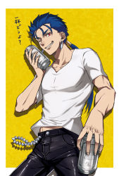 Rule 34 | 1boy, alternate costume, beads, beer can, blue hair, can, chain, cowboy shot, cu chulainn (caster) (fate), cu chulainn (fate), cu chulainn (fate/stay night), drink can, earrings, fang, fate/stay night, fate (series), grin, hair beads, hair ornament, highres, holding, holding can, jewelry, leather, leather pants, long hair, looking at viewer, male focus, muscular, one eye closed, pants, ponytail, red eyes, shirt, smile, solo, sou (e1209), spiked hair, t-shirt, translation request, type-moon