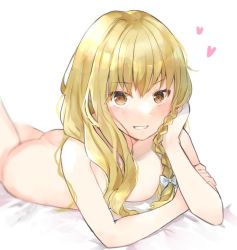 Rule 34 | 1girl, ass, bed sheet, blonde hair, bow, braid, breasts, completely nude, hair bow, hand on own cheek, hand on own face, heart, highres, kirisame marisa, long hair, looking at viewer, medium breasts, nude, simple background, smile, solo, touhou, white background, white bow, yellow eyes, yurara (aroma42enola)