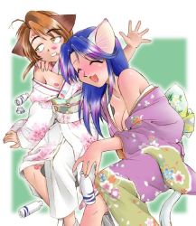 Rule 34 | 2girls, ahoge, alcohol, animal ears, arm around shoulder, blue hair, blush, bottle, breasts, brown hair, cat ears, cat girl, cat tail, cleavage, closed eyes, collarbone, drunk, ebifly, fang, floral print, green background, grin, japanese clothes, kimono, lipstick mark, long hair, long sleeves, looking to the side, medium breasts, multiple girls, obi, open mouth, print kimono, purple kimono, sake, sake bottle, sash, short hair, sitting, smile, socks, tail, teeth, white kimono, white socks, wide sleeves, yellow eyes, yuri