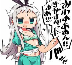 Rule 34 | 10s, 1boy, blend s, blush, bra, crossdressing, embarrassed, green bra, green eyes, green skirt, kanikama, kanzaki hideri, long hair, lowres, male focus, navel, open mouth, puffy short sleeves, puffy sleeves, pulling another&#039;s clothes, short sleeves, silver hair, simple background, skirt, solo focus, standing, translation request, trap, underwear, white background
