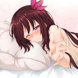 Rule 34 | 10s, 1girl, absurdres, blanket, blush, brown hair, gradient background, hair ornament, highres, kantai collection, kisaragi (kancolle), long hair, looking at viewer, lying, on stomach, one eye closed, pillow, purple eyes, reaching, reaching towards viewer, smile, solo, upper body, utahane