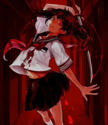 Rule 34 | 1girl, arm up, blood, blood on clothes, blood on face, blood stain, brown hair, holding, holding sword, holding weapon, katana, kneehighs, looking at viewer, midriff, neckerchief, outstretched arm, parted lips, pleated skirt, red background, red eyes, red theme, school uniform, serafuku, siren (series), siren 2, skirt, socks, sword, tcb, twintails, weapon, white socks, yagura ichiko