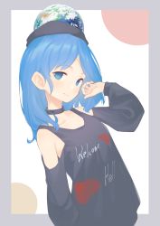 Rule 34 | 1girl, adapted costume, arm up, black choker, black sweater, blue eyes, blue hair, border, choker, closed mouth, clothes writing, grey border, hecatia lapislazuli, hecatia lapislazuli (earth), highres, kanpa (campagne 9), light smile, long hair, long sleeves, looking at viewer, solo, sweater, touhou, upper body