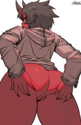Rule 34 | 1girl, anus, ass, bottomless, cleft of venus, closed mouth, colored skin, cowboy shot, from behind, from below, grey hair, grey hoodie, hood, hood down, hoodie, horns, kidouko (zakusi), looking at viewer, looking back, oni, orange eyes, original, pussy, red oni, red skin, short hair, sideways glance, signature, simple background, solo, spread ass, spread pussy, standing, symbol-only commentary, uncensored, white background, zakusi