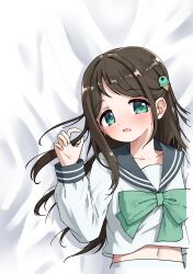 Rule 34 | 1girl, airi (blue archive), bed sheet, blue archive, blue sailor collar, blush, bow, brown hair, collarbone, commentary request, food-themed hair ornament, green bow, green eyes, hair ornament, hand up, highres, ice cream hair ornament, long hair, long sleeves, looking at viewer, lying, midriff, navel, on back, parted lips, sailor collar, sailor shirt, school uniform, serafuku, shirt, sidelocks, solo, unadon (unadoom), upper body, white shirt