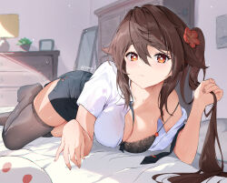 Rule 34 | 1girl, absurdres, alternate breast size, bed, bed sheet, black necktie, black skirt, black thighhighs, blush, bra, breasts, brown eyes, brown hair, chest of drawers, cleavage, commentary request, flower, flower-shaped pupils, genshin impact, hair between eyes, hair flower, hair ornament, highres, hu tao (genshin impact), indoors, lace, lace-trimmed bra, lace trim, lamp, large breasts, long hair, looking at viewer, lying, necktie, unworn necktie, off shoulder, on bed, pencil skirt, red eyes, shirt, short sleeves, sidelocks, single bare shoulder, skirt, solo, star-shaped pupils, star (symbol), symbol-shaped pupils, thighhighs, twintails, underwear, vincent leo, white shirt