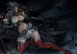 Rule 34 | 10s, 1girl, asdj, black hair, breasts, damaged, dark, highres, kantai collection, nagato (kancolle), red eyes, torn clothes
