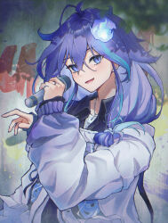 Rule 34 | 1boy, androgynous, blue hair, blush, earrings, gradient jacket, hair between eyes, highres, holding, holding microphone, holostars, jacket, jewelry, long hair, long sleeves, looking at viewer, microphone, minase rio, minase rio (1st costume), multiple rings, necklace, open mouth, purple eyes, purple hair, ring, smile, suama (haruichi), upper body, virtual youtuber