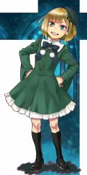 Rule 34 | 1girl, aged down, black socks, blonde hair, blue background, blue ribbon, blunt bangs, commentary request, dress, eyebrows hidden by hair, fate (series), frilled dress, frills, green dress, green eyes, green hat, hands on own hips, hat, hat ribbon, highres, kneehighs, long sleeves, lord el-melloi ii case files, mary janes, pom pom (clothes), reines el-melloi archisorte, ribbon, shoes, short hair, smile, socks, solo, tilted headwear, two-tone background, white background, yomoyama yotabanashi
