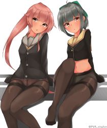 Rule 34 | 2girls, absurdres, adapted costume, alternate costume, blunt bangs, blush, bow, crotch seam, green bow, grey hair, hair bow, hair flaps, head tilt, highres, kantai collection, knee up, legs, long hair, looking at viewer, multiple girls, navel, no pants, panties, panties under pantyhose, pantyhose, parted lips, pink hair, plantar flexion, ponytail, school uniform, sidelocks, simple background, sitting, sleeves past wrists, thighband pantyhose, thighs, twitter username, underwear, uut, very long hair, white background, yellow eyes, yura (kancolle), yuubari (kancolle)