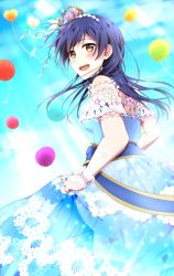 Rule 34 | 1girl, balloon, blue dress, blue hair, blush, commentary request, crown, dress, frills, from behind, gloves, hair between eyes, highres, long hair, love live!, love live! school idol festival, love live! school idol project, mini crown, oda (101511a), open mouth, skirt hold, smile, solo, sonoda umi, standing, yellow eyes