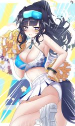 Rule 34 | 1girl, ass, bare arms, bare shoulders, black hair, blue archive, blue eyes, blunt bangs, breasts, cleavage, commentary request, crop top, facial mark, goggles, goggles on head, halterneck, hand on own hip, hand up, hibiki (blue archive), hibiki (cheer squad) (blue archive), highres, jungtong, large breasts, long hair, looking at viewer, midriff, millennium cheerleader outfit (blue archive), miniskirt, navel, open mouth, panties, pleated skirt, pom pom (cheerleading), shoes, skirt, solo, star (symbol), stomach, tail, thighs, twisted torso, underwear, white footwear, white panties, white skirt