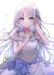 Rule 34 | 1girl, :o, absurdres, bare shoulders, blue bow, blue eyes, bow, breasts, collarbone, commentary request, dress, food, frilled dress, frills, hair ornament, hairclip, hands up, highres, himemiya shuang, holding, holding food, long hair, looking at viewer, medium breasts, naruse shiroha, off-shoulder dress, off shoulder, parted lips, petals, popsicle, solo, summer pockets, very long hair, watermelon bar, white background, white dress, white hair