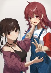 Rule 34 | 2girls, blush, breasts, brown eyes, brown hair, camisole, choker, closed mouth, collarbone, grey background, hand on another&#039;s cheek, hand on another&#039;s face, highres, idolmaster, idolmaster shiny colors, komiya kaho, large breasts, long hair, looking at viewer, multiple girls, nail polish, noeru, open mouth, overalls, pendant choker, red eyes, red hair, simple background, small breasts, sonoda chiyoko, twintails