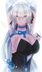 Rule 34 | 1girl, akio (akio1124), armpits, arms behind head, arms up, black bow, black dress, blue eyes, bow, braid, breasts, cernunnos (fate), cleavage, dress, fate/grand order, fate (series), french braid, grey hair, hair bow, highres, large breasts, long hair, long sleeves, looking at viewer, morgan le fay (fate), open mouth, ponytail, revision, sidelocks, thighs, two-tone dress, very long hair, white dress, wide sleeves