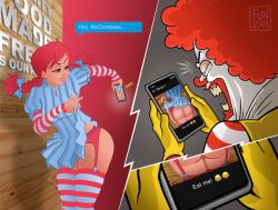 Rule 34 | ass, braid, clothes lift, english text, lingerie, mcdonald&#039;s, phone, product girl, red hair, ronald mcdonald, selfie, skirt, skirt lift, smile, smug, striped legwear, surprised, text messaging, thighhighs, tongue, tongue out, underwear, wendy&#039;s, wendy (wendy&#039;s)