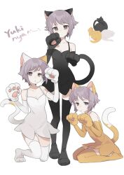 Rule 34 | 3girls, animal ears, animal hands, black dress, black gloves, black thighhighs, brown dress, brown eyes, brown gloves, brown thighhighs, cat ears, cat tail, clone, closed mouth, commentary request, dress, elbow gloves, expressionless, fake animal ears, fake tail, full body, gloves, hands up, highres, kneeling, looking at viewer, maymeriko, multiple girls, nagato yuki, parted lips, paw gloves, paw pose, purple hair, short hair, simple background, sitting, standing, suzumiya haruhi no yuuutsu, tail, thighhighs, white background, white dress, white gloves, white thighhighs