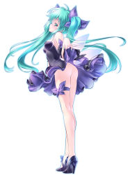 Rule 34 | 1girl, ass, blue eyes, blue footwear, blue ribbon, blush, breasts, clothes lift, detached sleeves, dress, dress lift, from behind, full body, graphite (medium), green hair, hair ribbon, hatsune miku, high heels, highres, kuzuryuu kennosuke, long hair, looking at viewer, looking back, medium breasts, no panties, parted lips, petticoat, pumps, ribbon, shoes, short dress, simple background, solo, standing, strapless, strapless dress, thigh strap, traditional media, very long hair, vocaloid, white background