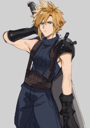 Rule 34 | 1boy, absurdres, arm up, armor, asymmetrical armor, belt, black gloves, blonde hair, blue eyes, blue pants, cloud strife, commentary request, cowboy shot, final fantasy, final fantasy vii, glaring, gloves, grey background, hand on weapon, highres, holding, holding weapon, keiseki1, male focus, pants, pauldrons, serious, short hair, shoulder armor, simple background, single pauldron, solo, spiked hair, standing, suspenders, sword, weapon, weapon on back