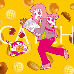 Rule 34 | apple, baby, bag, baguette, bread, cake, chobisato, crayon shin-chan, dorayaki, food, fruit, highres, koyama musae, nohara himawari, nohara shinnosuke, pancake, wagashi, yellow background