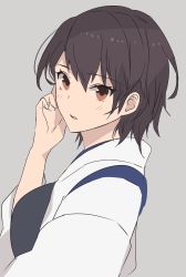 Rule 34 | 1girl, alternate hair length, alternate hairstyle, blush, brown eyes, brown hair, fingernails, from side, grey background, hand up, highres, kaga (kancolle), kantai collection, kasumi (skchkko), looking at viewer, looking to the side, muneate, parted lips, short hair, simple background, solo