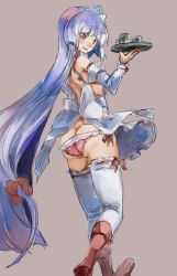 Rule 34 | 1girl, apron, ass, back bow, blunt bangs, blush, bow, butt crack, closed mouth, detached sleeves, frilled thighhighs, frills, from behind, from below, fujiwara no mokou, grey background, hair bow, hime cut, holding, holding tray, light purple hair, long hair, long sleeves, looking at viewer, looking back, lowleg, lowleg panties, nose blush, panties, red eyes, shoulder blades, side-tie panties, simple background, skindentation, solo, straight hair, thighhighs, touhou, tray, underwear, very long hair, waitress, walking, white bow, white thighhighs, yohane