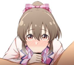 Rule 34 | 1boy, 1girl, :&gt;=, bar censor, blush, bow, brown hair, censored, clothed female nude male, fellatio, hair between eyes, hair bow, hetero, highres, hori yuko, idolmaster, idolmaster cinderella girls, jacket, long sleeves, looking at viewer, nude, oral, penis, pov, pov crotch, simple background, wasabi (wasalongt), white background