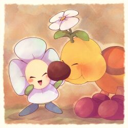 Rule 34 | :d, ^ ^, blush, blush stickers, border, brown background, caterpillar, closed eyes, closed mouth, commentary request, crazee dayzee, flower, flower on head, full body, highres, leaf, mario (series), nintendo, no humans, omochiutyu, open mouth, red footwear, shadow, shoes, smile, standing, super mario world 2: yoshi&#039;s island, white border, white flower, wiggler